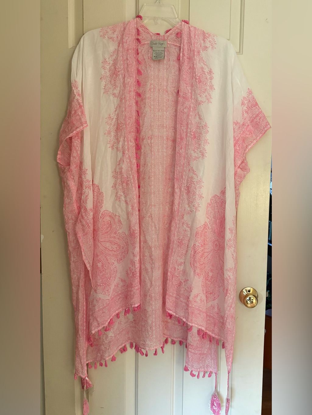Charlie Paige Light Pink And White Tassel Kimono Cover-Up One Size